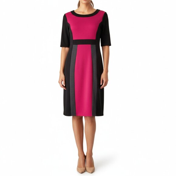 Nine & Co Dress Colorblock Black Pink Stretch Sheath Short Sleeve Womens Size 10 - Picture 1 of 6